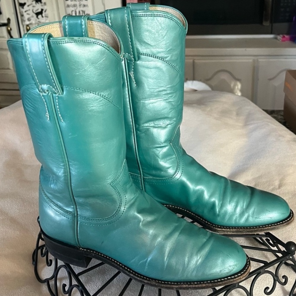 Turquoise Pearl Leather Justin Roper Boots 1” Heel Size 5 1/2B Unisex